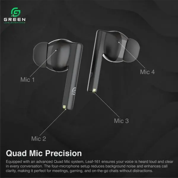 Green Leaf-161 True ENC Wireless Gaming Earbuds |50 Hours | Quad Mic | Dual EQ Modes | BT Version 5.3 | 45ms Low Latency| IPX5 Sweatproof | ASAP Charging 10Mins To 150Mins Playback | Fast Charging | 13mm Driver - Image 2