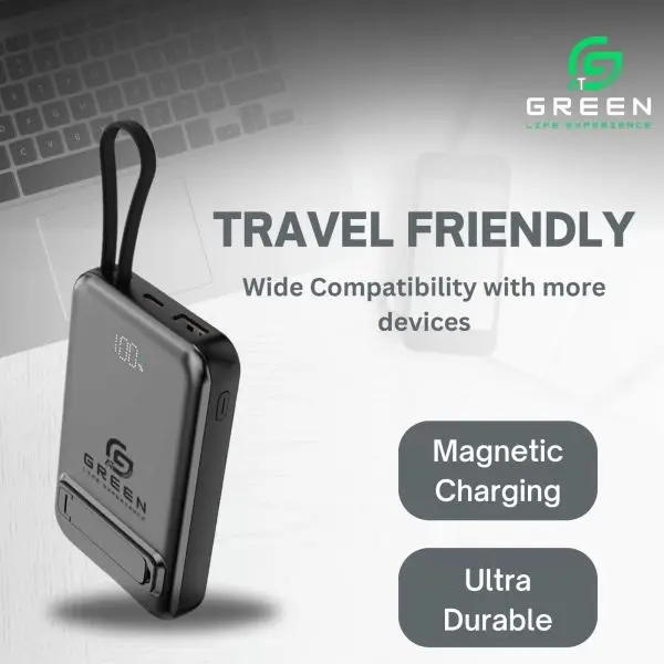 Green Mag Booster Powerbank | 10000mAh | Magsafe | 22.5W Super Fast charging | 15W Wireless Fast Charging | Attach Wire | PD input-Output | Digital Display | Lithium-Polymer Battery | Slim & Thinner Pocket-Friendly | Stand & Lanyard | metallic UV Coating - Image 2