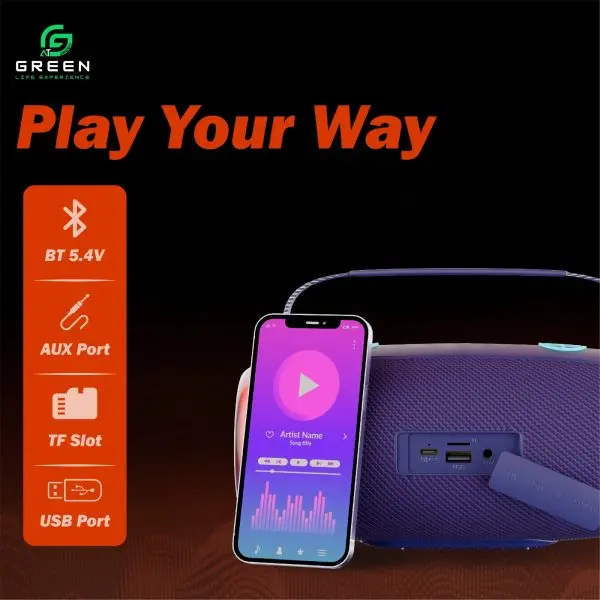 Green Melody-30 Wireless Speaker | 30Watt (15*2) Output | Dual Speaker | Dual EQ Models | 57mm*2 Dynamic Drivers | 6 Hours Playback | IPX5 Rating | FM Radio | RGB Changeable Light | 4000mAh Battery Capacity | Stereo Sound | HIFI Tone| | Type-c Charging - Image 2