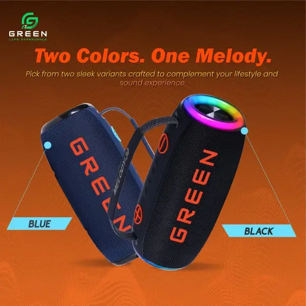 Green Melody-30 Wireless Speaker | 30Watt (15*2) Output | Dual Speaker | Dual EQ Models | 57mm*2 Dynamic Drivers | 6 Hours Playback | IPX5 Rating | FM Radio | RGB Changeable Light | 4000mAh Battery Capacity | Stereo Sound | HIFI Tone| | Type-c Charging - Image 3