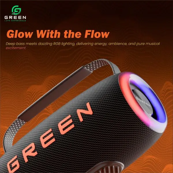 Green Melody-30 Wireless Speaker | 30Watt (15*2) Output | Dual Speaker | Dual EQ Models | 57mm*2 Dynamic Drivers | 6 Hours Playback | IPX5 Rating | FM Radio | RGB Changeable Light | 4000mAh Battery Capacity | Stereo Sound | HIFI Tone| | Type-c Charging - Image 4