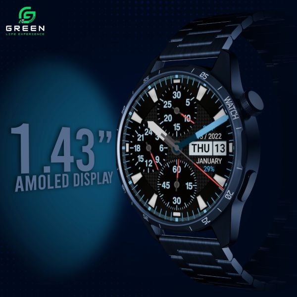 1.43" Super AMOLED Display IP68 Water Resistance 123+ Sports Modes BT Calling Metallic Body With Stainless Steel & Leather BT V5.3 250mAh Battery 30Days Standby Time AOD 1 Year Warranty