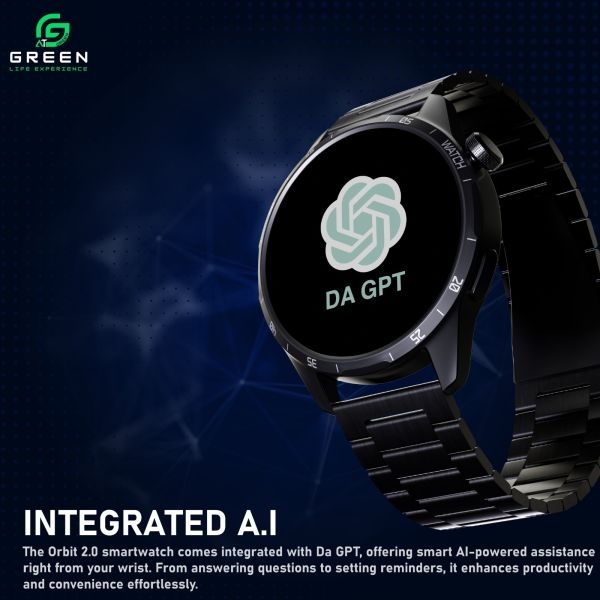 Green Orbit 2.0 AI Smartwatch In-Build DA GPT, 1.43" Super AMOLED Display IP68 Water Resistance 123+ Sports Modes BT Calling Metallic Body With Stainless Steel & Leather BT V5.3 250mAh Battery 30Days Standby Time AOD 1 Year Warranty - Image 3