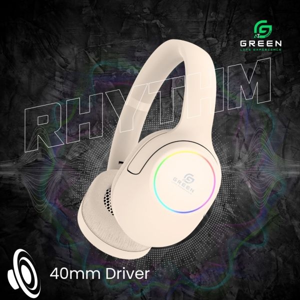 Green Rhythm Headphone | 40mm Driver | Foldable | 20 Hours Playtime | TF Slot | High Definition Sound Quality | Radio Switching | 150 Hours Of Standby Time | RGB Light Effect | 5.3 Bluetooth Version | 6 Months Warranty | Black , Soft Almond & Silver Mist - Image 4