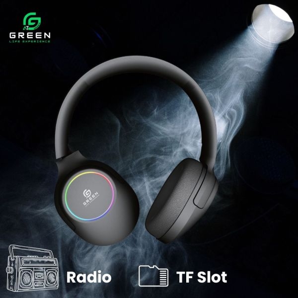 Green Rhythm Headphone | 40mm Driver | Foldable | 20 Hours Playtime | TF Slot | High Definition Sound Quality | Radio Switching | 150 Hours Of Standby Time | RGB Light Effect | 5.3 Bluetooth Version | 6 Months Warranty | Black , Soft Almond & Silver Mist - Image 5