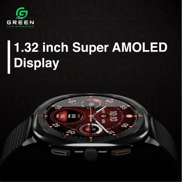 Green Squaro Smartwatch | In-Build DA GPT, 1.32 inch Super AMOLED Display | IP68 Water Resistance | 123+ Sports Modes | BT Calling | Super Slim With Premium Zinc Alloy Frame | BT V5.4 | 300 mAh Battery | 30Days Standby Time | AOD | 1 Year Warranty - Image 4
