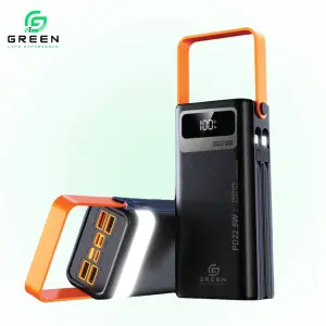 Green Thunder X4 Powerbank | 30000mAh PD Fast Charging | Removable Attach Wire | Emergency Flash Light | 22.5W | 7 Output Ports | 2 Input Ports | Two Way PD Fast Charging | Digital Display | QC 3.0 | Lithium polymer Large Capacity Battery | Portable