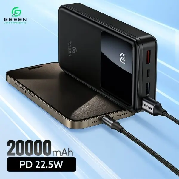 Green Turbo-20 Powerbank 20000mAh | 22.5W PD Fast Charging | Multiple Ports | Digital Display | Six Months Warranty | Dual USB Ports | Triple USB Output | Black & White - Image 2