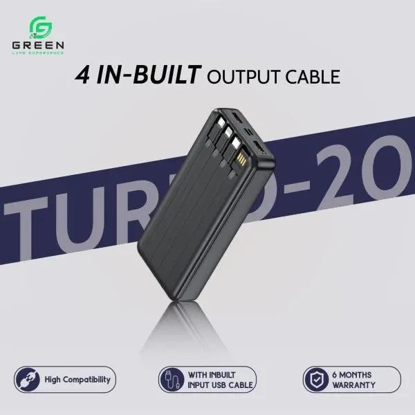 Green Turbo-20 Powerbank 20000mAh | 22.5W PD Fast Charging | Multiple Ports | Digital Display | Six Months Warranty | Dual USB Ports | Triple USB Output | Black & White - Image 3