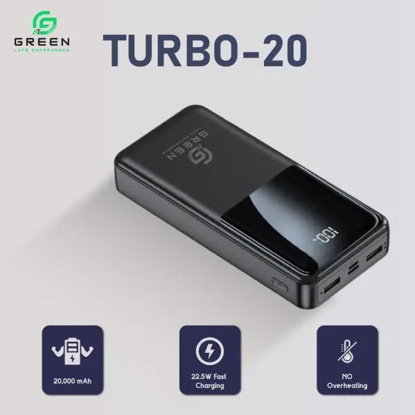 Green Turbo-20 Powerbank 20000mAh | 22.5W PD Fast Charging | Multiple Ports | Digital Display | Six Months Warranty | Dual USB Ports | Triple USB Output | Black & White - Image 5