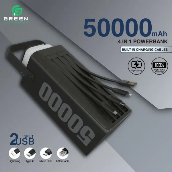 Green Turbo-50 Powerbank |50000mAh PD Fast Charging | Removable Attach Wire | Emergency Flash Light | 22.5W | 4 Output Ports | 3 Input Ports | Two Way PD Fast Charging | Digital Display | QC 3.0 | Lithium polymer Large Capacity Battery | 6 Months Warranty - Image 2