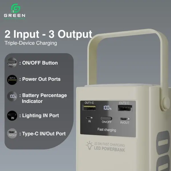 Green Turbo-50 Powerbank |50000mAh PD Fast Charging | Removable Attach Wire | Emergency Flash Light | 22.5W | 4 Output Ports | 3 Input Ports | Two Way PD Fast Charging | Digital Display | QC 3.0 | Lithium polymer Large Capacity Battery | 6 Months Warranty - Image 3