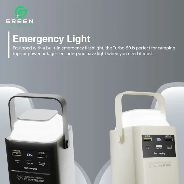 Green Turbo-50 Powerbank |50000mAh PD Fast Charging | Removable Attach Wire | Emergency Flash Light | 22.5W | 4 Output Ports | 3 Input Ports | Two Way PD Fast Charging | Digital Display | QC 3.0 | Lithium polymer Large Capacity Battery | 6 Months Warranty - Image 4