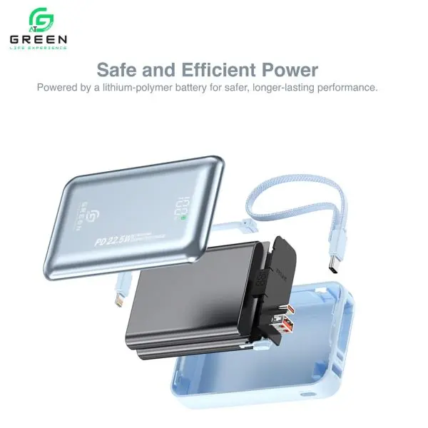 Green Turbo Mini Power Bank | 20000mAh Capacity | 22.5W Fast Charging | Ultra Slim & Compact | Built-in Cable | PD Input/Output | LED Digital Display | Li-Polymer Battery | Pocket-Friendly | Lanyard | 6 Months Warranty| | Travel Ready | UV Coated - Image 2