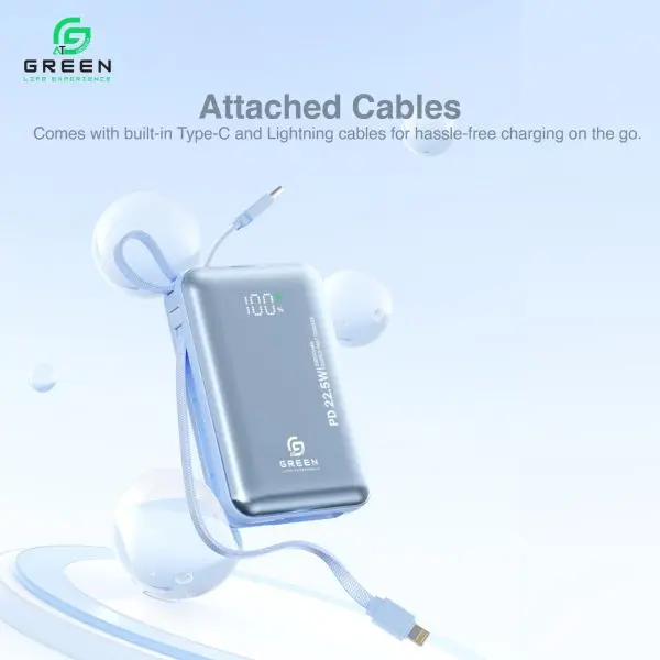 Green Turbo Mini Power Bank | 20000mAh Capacity | 22.5W Fast Charging | Ultra Slim & Compact | Built-in Cable | PD Input/Output | LED Digital Display | Li-Polymer Battery | Pocket-Friendly | Lanyard | 6 Months Warranty| | Travel Ready | UV Coated - Image 3