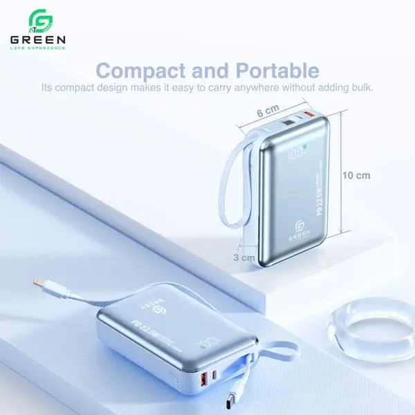 Green Turbo Mini Power Bank | 20000mAh Capacity | 22.5W Fast Charging | Ultra Slim & Compact | Built-in Cable | PD Input/Output | LED Digital Display | Li-Polymer Battery | Pocket-Friendly | Lanyard | 6 Months Warranty| | Travel Ready | UV Coated - Image 4