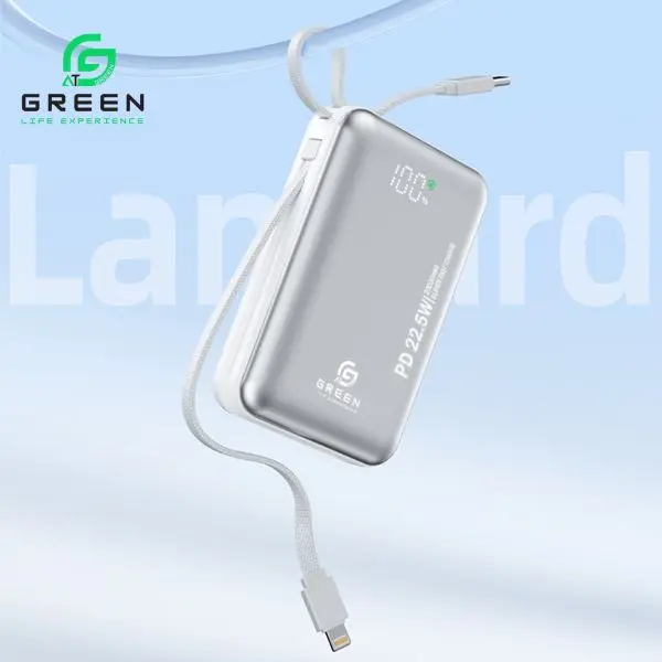 Green Turbo Mini Power Bank | 20000mAh Capacity | 22.5W Fast Charging | Ultra Slim & Compact | Built-in Cable | PD Input/Output | LED Digital Display | Li-Polymer Battery | Pocket-Friendly | Lanyard | 6 Months Warranty| | Travel Ready | UV Coated - Image 5