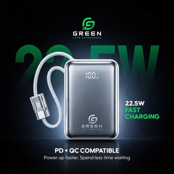 Green Turbo Tiny 10000mAh Mini Power Bank | 22.5W Fast Charging | PD & QC Compatible | USB-C Input & Output | Compact Pocket Size | 2 Charging Cables Included | Compact Size | 6 Months Brand Warranty - Image 4