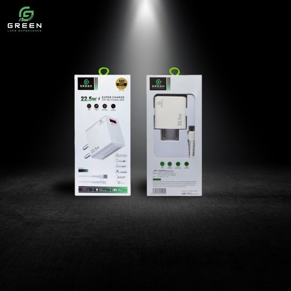 Green UV-22.5 Charger | 22.5W Fast charger | Auto ID LED Indicators | QC3.0 Power Adapter & 100CM USB Data Cable For Android Micro & Type-c Charging | WARP | VOOC | Rapid | Flash | Dash | DART | Multiple Fast Charging Technologies | 6 Months Warranty - Image 2