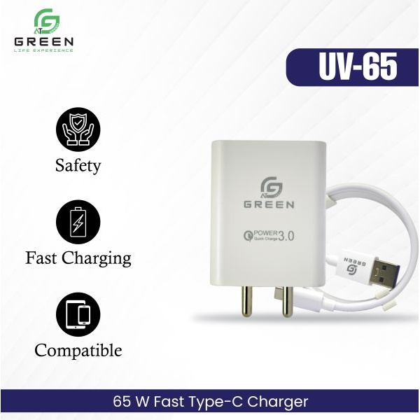 Green UV-65 Charger | 65W Flash charger | QC3.0 Power Adapter & 100CM USB To Type-c Data Cable For Android | WARP Charging | Flash Charging | Super VOOC | Dash Charging | DART Charging | Super DART Charging | 1 Year Warranty || White Color - Image 2