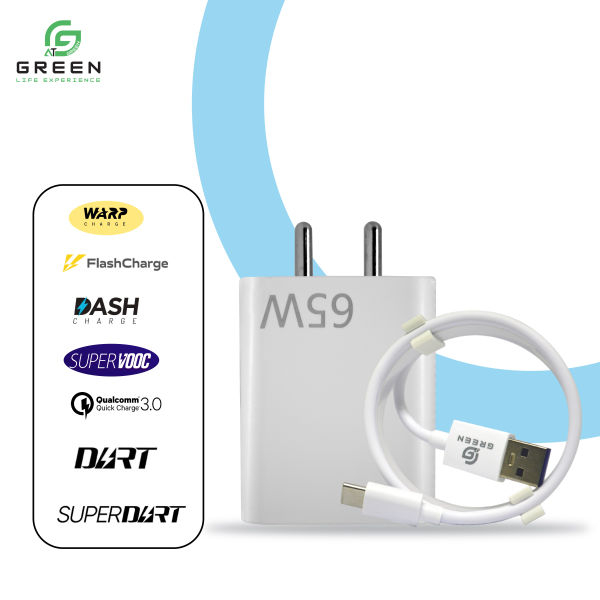 Green UV-65 Charger | 65W Flash charger | QC3.0 Power Adapter & 100CM USB To Type-c Data Cable For Android | WARP Charging | Flash Charging | Super VOOC | Dash Charging | DART Charging | Super DART Charging | 1 Year Warranty || White Color - Image 4