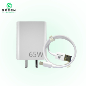 Green UV-65 Charger | 65W Flash charger | QC3.0 Power Adapter & 100CM USB To Type-c Data Cable For Android | WARP Charging | Flash Charging | Super VOOC | Dash Charging | DART Charging | Super DART Charging | 1 Year Warranty || White Color