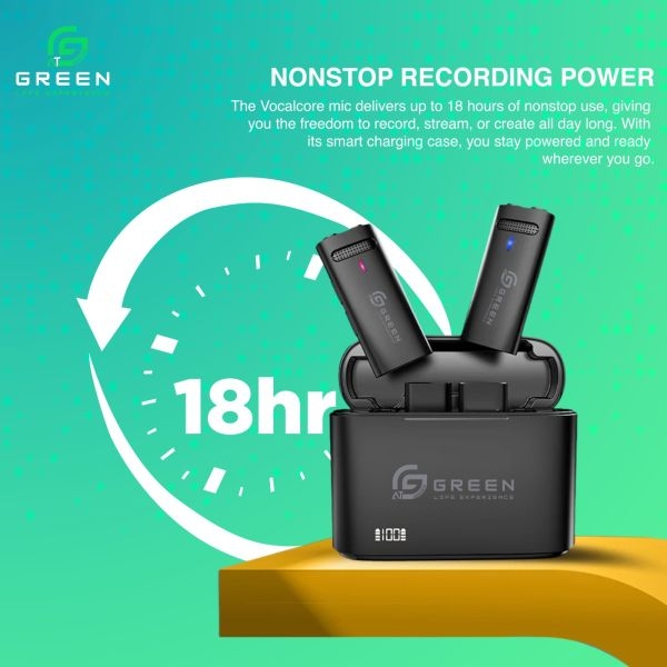 Green Vocalcore Wireless Noise Cancellation Mic | ProVocal™ Filtration Technology – ultra-clear, lifelike audio with 24-bit depth and 128 dB max SPL | Dual Mic | 12 Hours Of Playtime | Dual Compatibility- iOS & Android | Type-C fast charging - Image 4