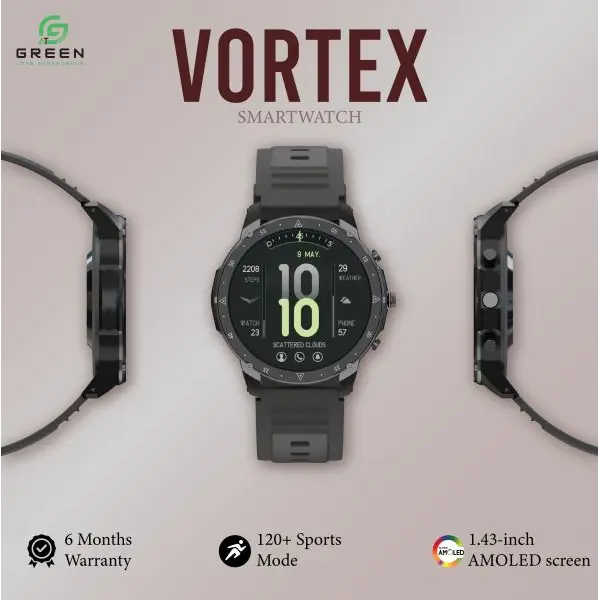 Green Vortex Metallic Fitness Smartwatch | 1.43" Super AMOLED Display | Bluetooth Calling | IP67 Water Resistance | 123 Sports Modes | Luxury Sporty Design | BLE3.0 + 5.3 BT Version | 380Mah Battery | Low-Power Consumption Mode| 30 Days Stand By Back Up - Image 2