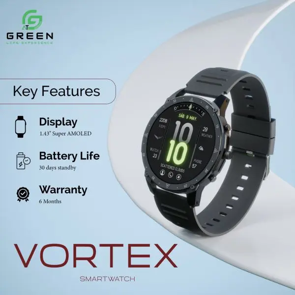 Green Vortex Metallic Fitness Smartwatch | 1.43" Super AMOLED Display | Bluetooth Calling | IP67 Water Resistance | 123 Sports Modes | Luxury Sporty Design | BLE3.0 + 5.3 BT Version | 380Mah Battery | Low-Power Consumption Mode| 30 Days Stand By Back Up - Image 4