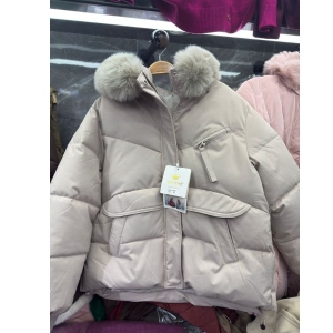 Grey Down Jacket with Neck Fur for Women