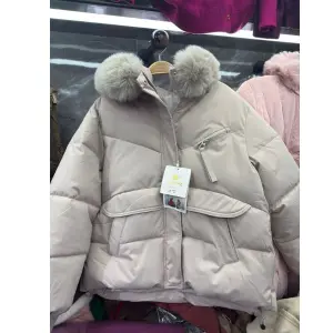 Grey Down Jacket with Neck Fur for Women