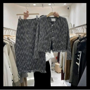 Grey Tweed Coat And Skirt Set For Women | Fashionable Stripped Pattern Design Matching Jacket With Long Skirt Set