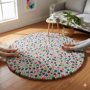 Grey With Multi Color 100 Cm x 100Cm Round Felt Ball Carpet Made In Nepal
