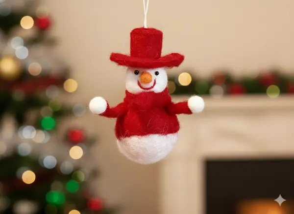 Hand Felted Eco-Friendly Snowman with Hat Hanging Decoration
