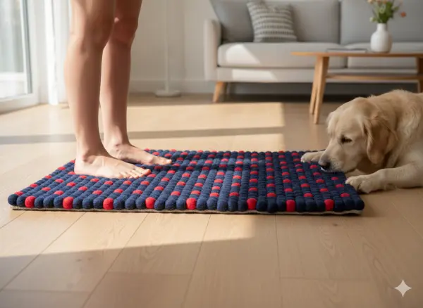 Hand-Felted Navy Blue Felt Ball Carpet – 60x90 cm, Rectangular
