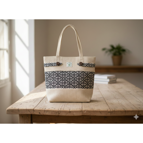 Handcrafted Cotton Shoulder Bag for Women – Elegant Zipper Closure, 3 Compartments, Beige Straps – Made in Nepal - Image 5