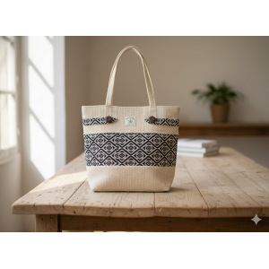 Handcrafted Cotton Shoulder Bag for Women – Elegant Zipper Closure, 3 Compartments, Beige Straps – Made in Nepal