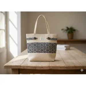 Handcrafted Cotton Shoulder Bag for Women – Elegant Zipper Closure, 3 Compartments, Beige Straps – Made in Nepal