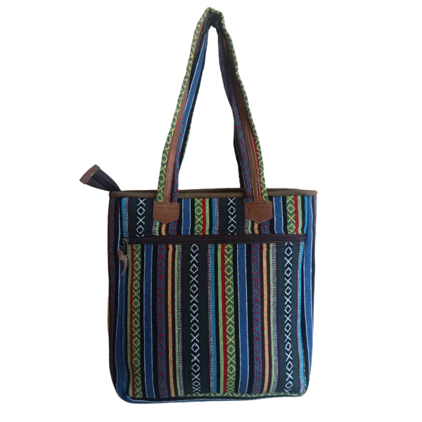 Handcrafted Nepali Striped Cotton & Leather Women's Shoulder Bag with Zipper and Adjustable Strap - Image 2