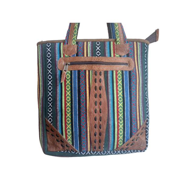 Handcrafted Nepali Striped Cotton & Leather Women's Shoulder Bag with Zipper and Adjustable Strap - Image 3