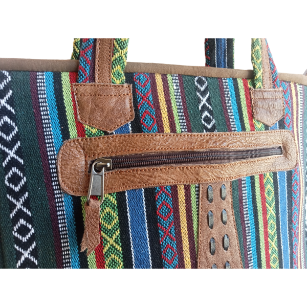 Handcrafted Nepali Striped Cotton & Leather Women's Shoulder Bag with Zipper and Adjustable Strap - Image 4