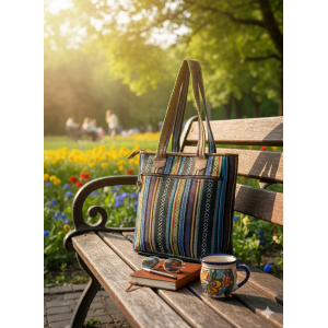 Handcrafted Nepali Striped Cotton & Leather Women's Shoulder Bag with Zipper and Adjustable Strap