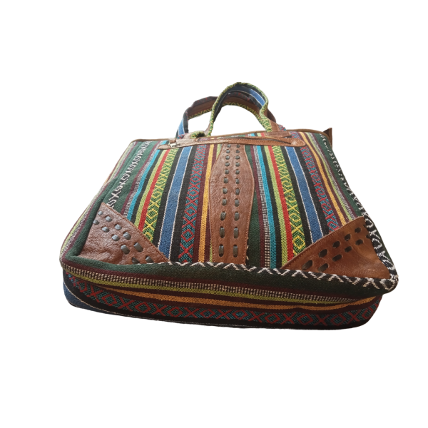 Handcrafted Nepali Striped Cotton & Leather Women's Shoulder Bag with Zipper and Adjustable Strap - Image 5