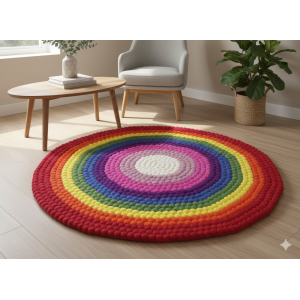 Handcrafted Rainbow Color Felt Ball Carpet – 100% New Zealand Wool, 98 cm Round, Eco-Friendly, and Multi-Color for Home/Office Décor
