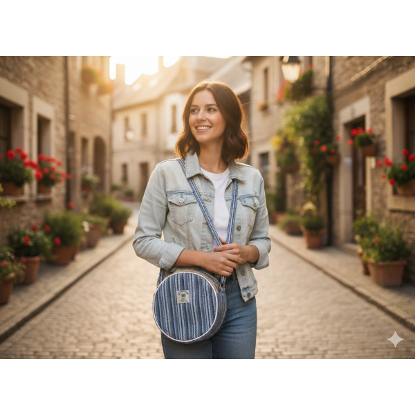 Handcrafted Round Cotton Stripe Shoulder Bag - Eco-Friendly Women's Cross body 20x20x7 cm - Image 3