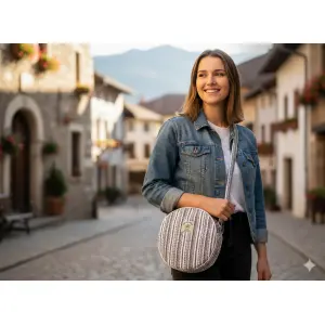Handcrafted Round Cotton Stripe Shoulder Bag - Eco-Friendly Women's Cross body 20x20x7 cm