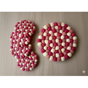 Handmade 100% Wool Felt Coaster & Pot Mat Set - 5 Pcs (4 Tea Coasters + 1 Trivet) - Pink & Beige Round Heat Resistant Mats