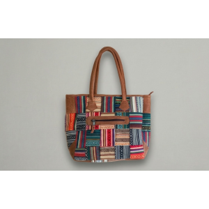 Handmade Cotton & Leather Patchwork Tote Bag for Women - Multi-Color Woven Shoulder Bag with Zipper Closure