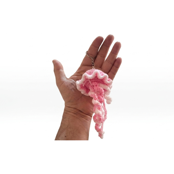 Handmade Crochet Jellyfish Keychain - Pink & White Bag Charm - Image 2