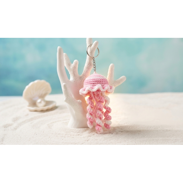 Handmade Crochet Jellyfish Keychain - Pink & White Bag Charm - Image 3